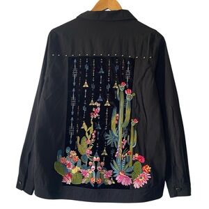 Emmer & Oat Embroidered Shacket Womens L Black Cactus Collared Button Up Western